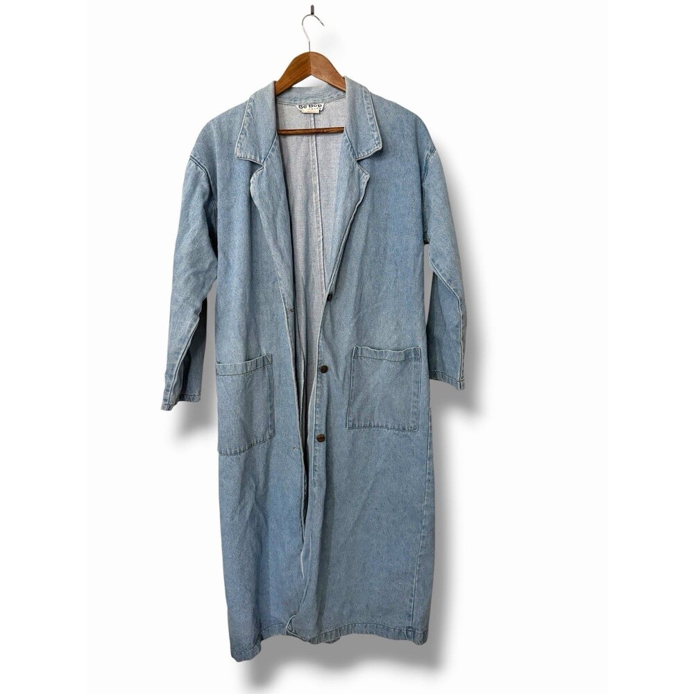 Vintage Be Bop Denim Trench Coat Duster Blue Womens Small Y2K Longline